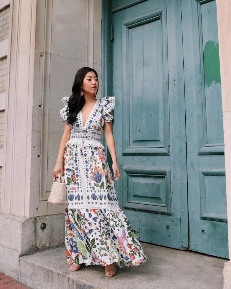 woman wearing floral maxi dress